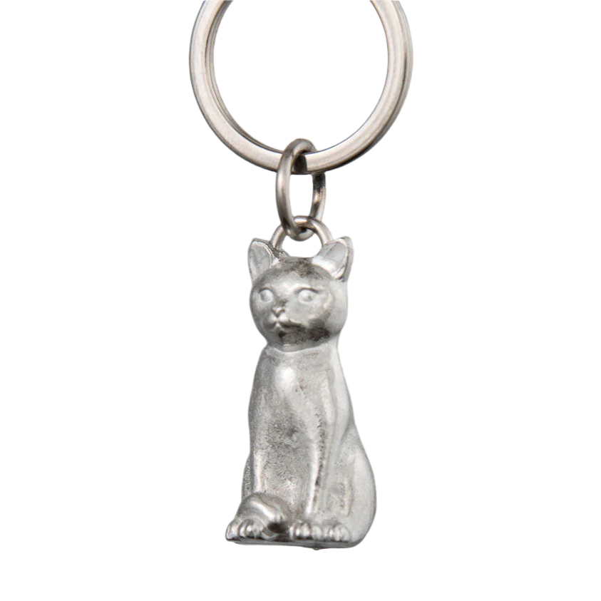 Silver cat-shaped keychain on a white background