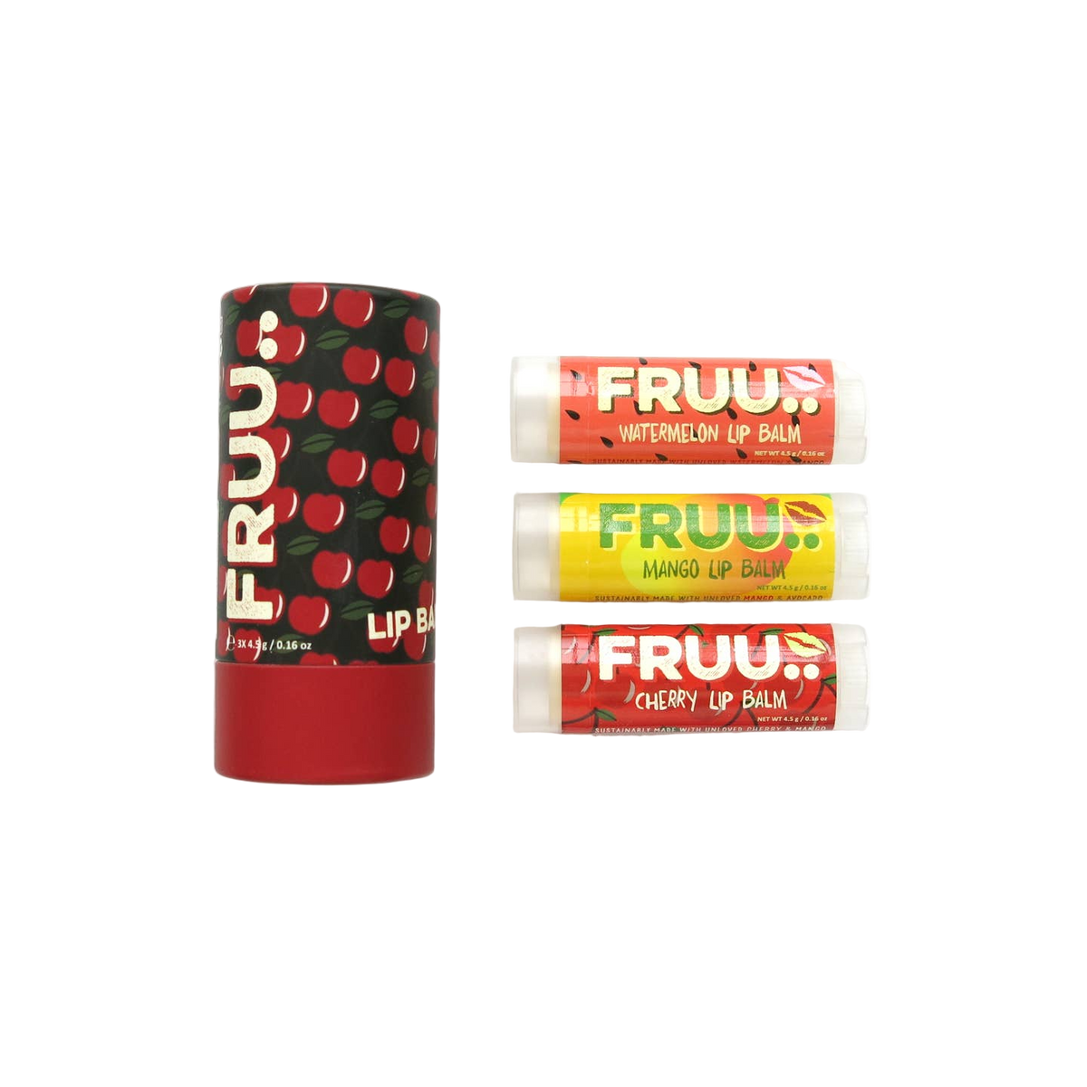 Set of FRUU lip balms with cherry, watermelon, and mango flavors on a white background