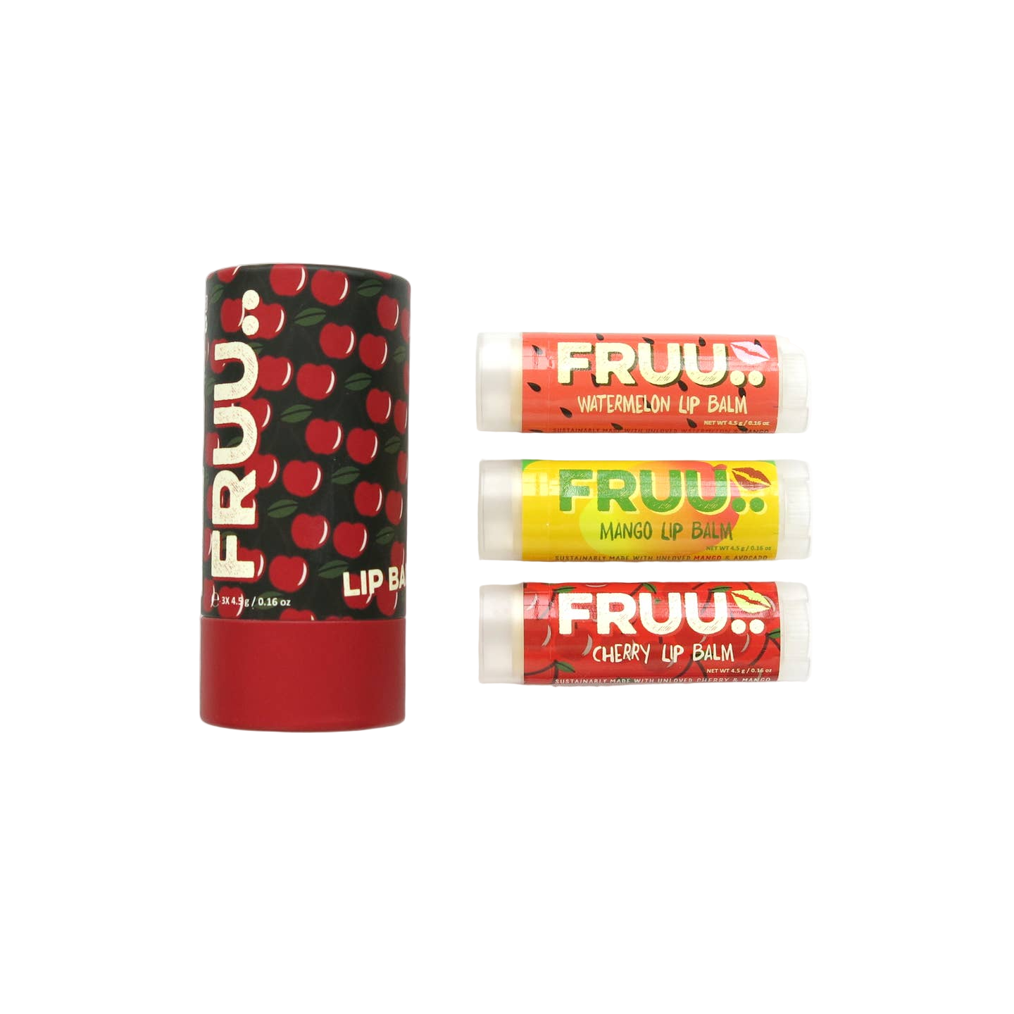 Set of FRUU lip balms with cherry, watermelon, and mango flavors on a white background