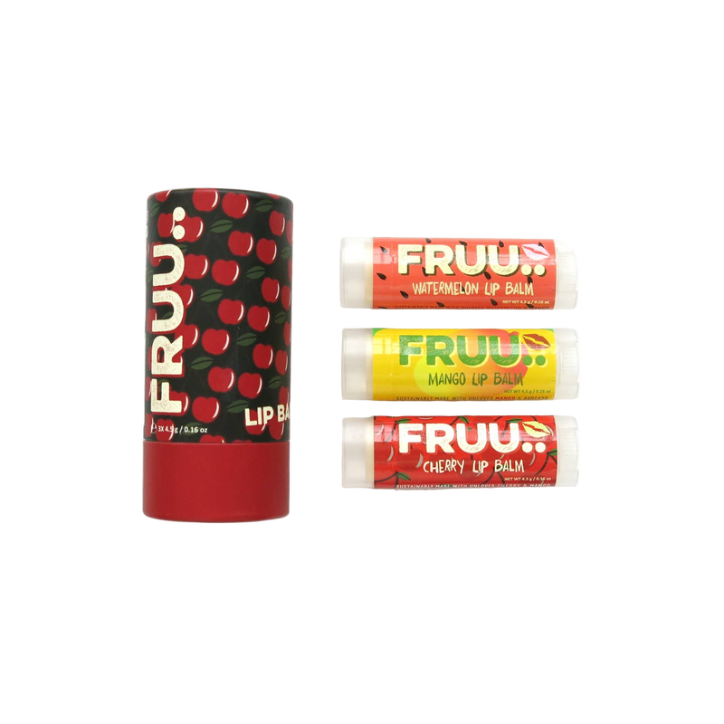 Set of FRUU lip balms with cherry, watermelon, and mango flavors on a white background
