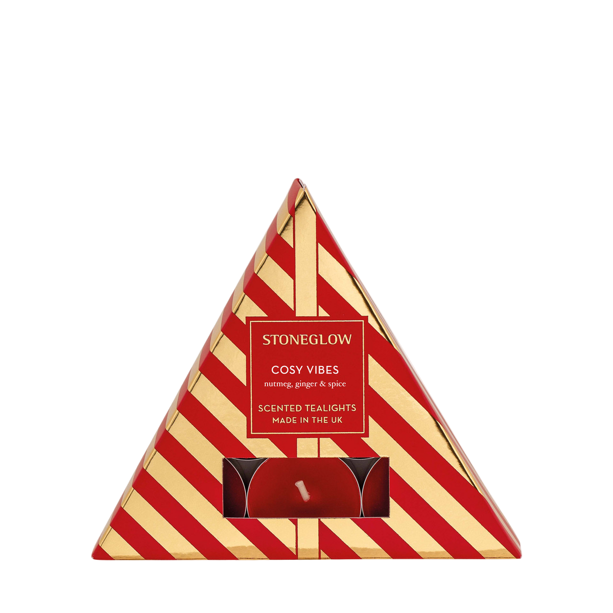 Triangular packaging of Stoneglow Cosy Vibes scented tea lights with red and gold design.
