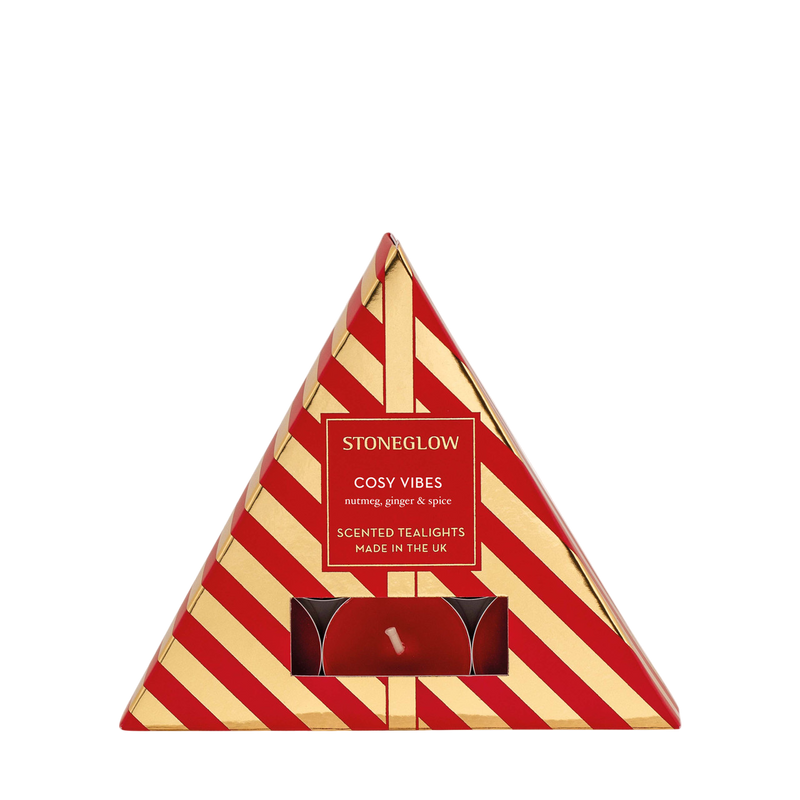 Triangular packaging of Stoneglow Cosy Vibes scented tea lights with red and gold design.