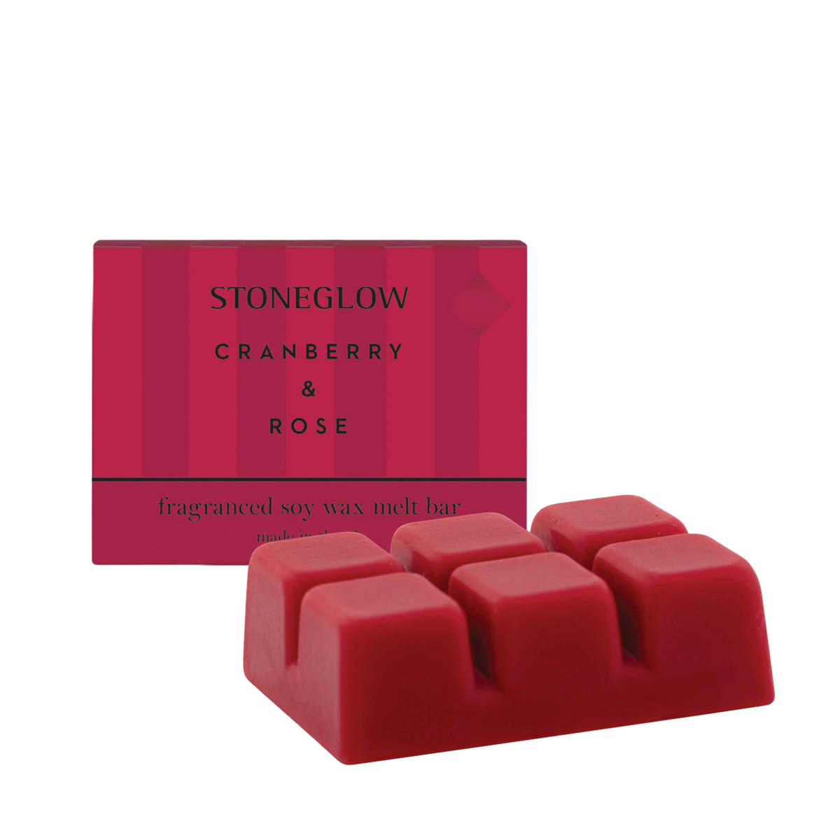 Red stoneglow cranberry & rose scented wax melts with packaging on a white background