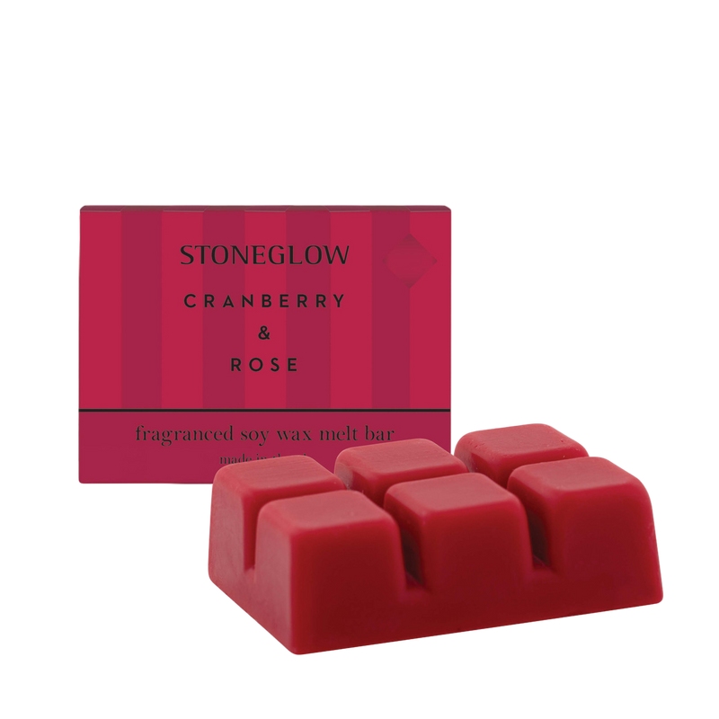 Red stoneglow cranberry & rose scented wax melts with packaging on a white background