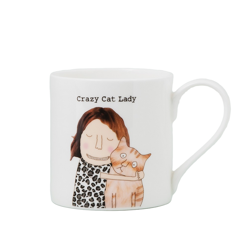 Mug with illustration of a woman holding a cat and 'Crazy Cat Lady' text.