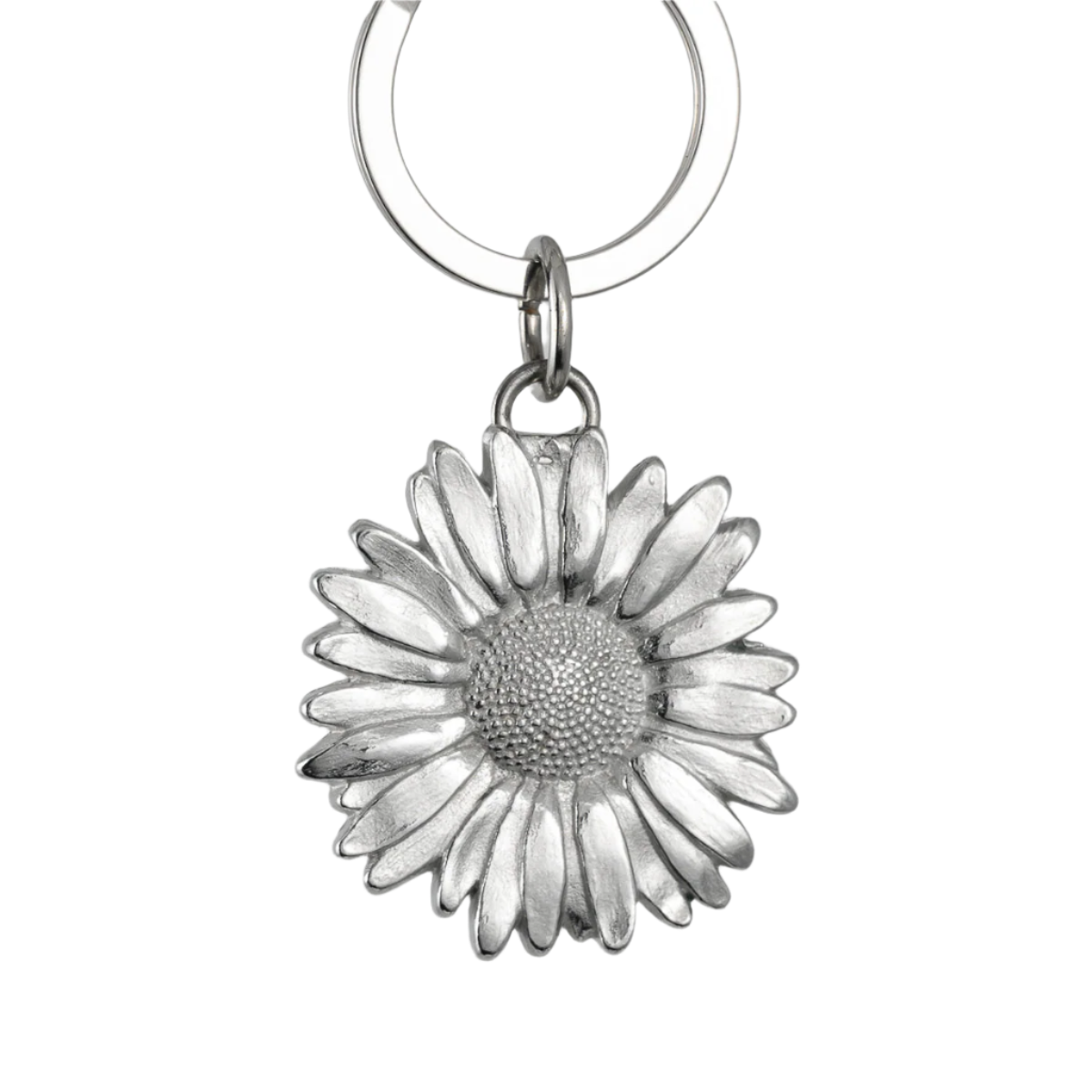 Silver daisy flower keychain on a white background