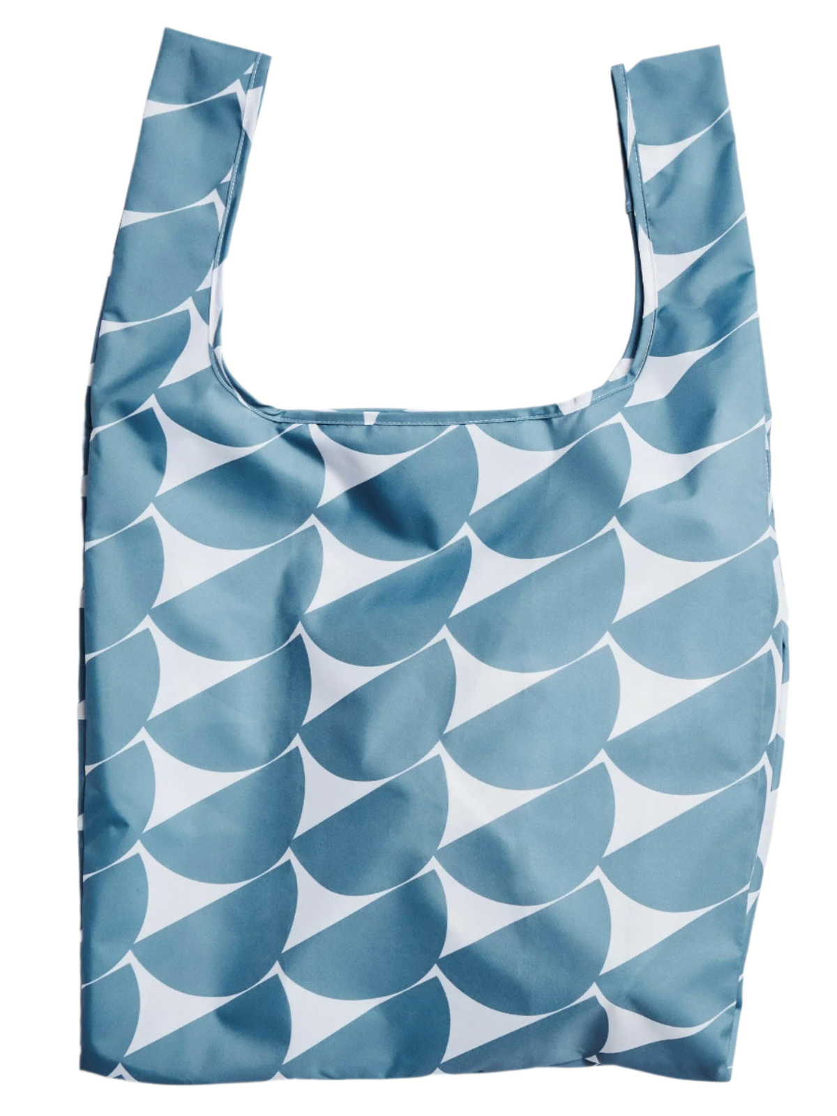 Reusable shopping bag with blue and white pattern on a white background