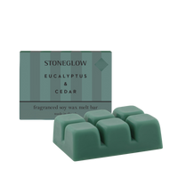 Stoneglow eucalyptus & cedar scented wax melt bars with packaging on a white background
