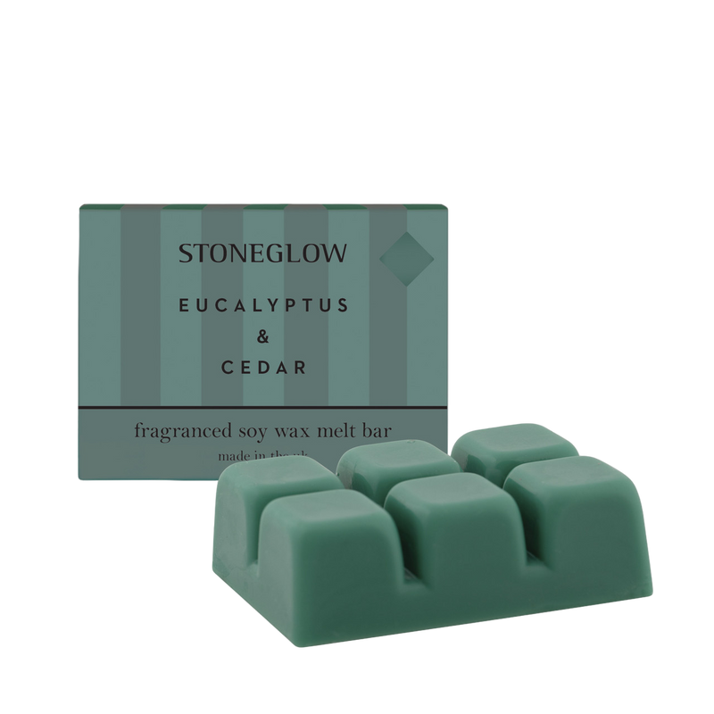 Stoneglow eucalyptus & cedar scented wax melt bars with packaging on a white background