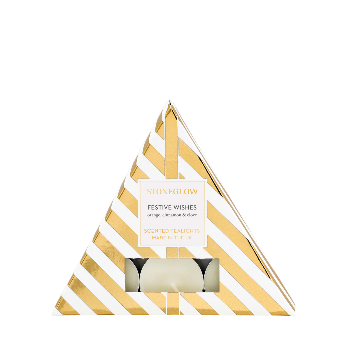 Triangular gift box with gold and white stripes containing a candle, branded 'Stoneglow'.