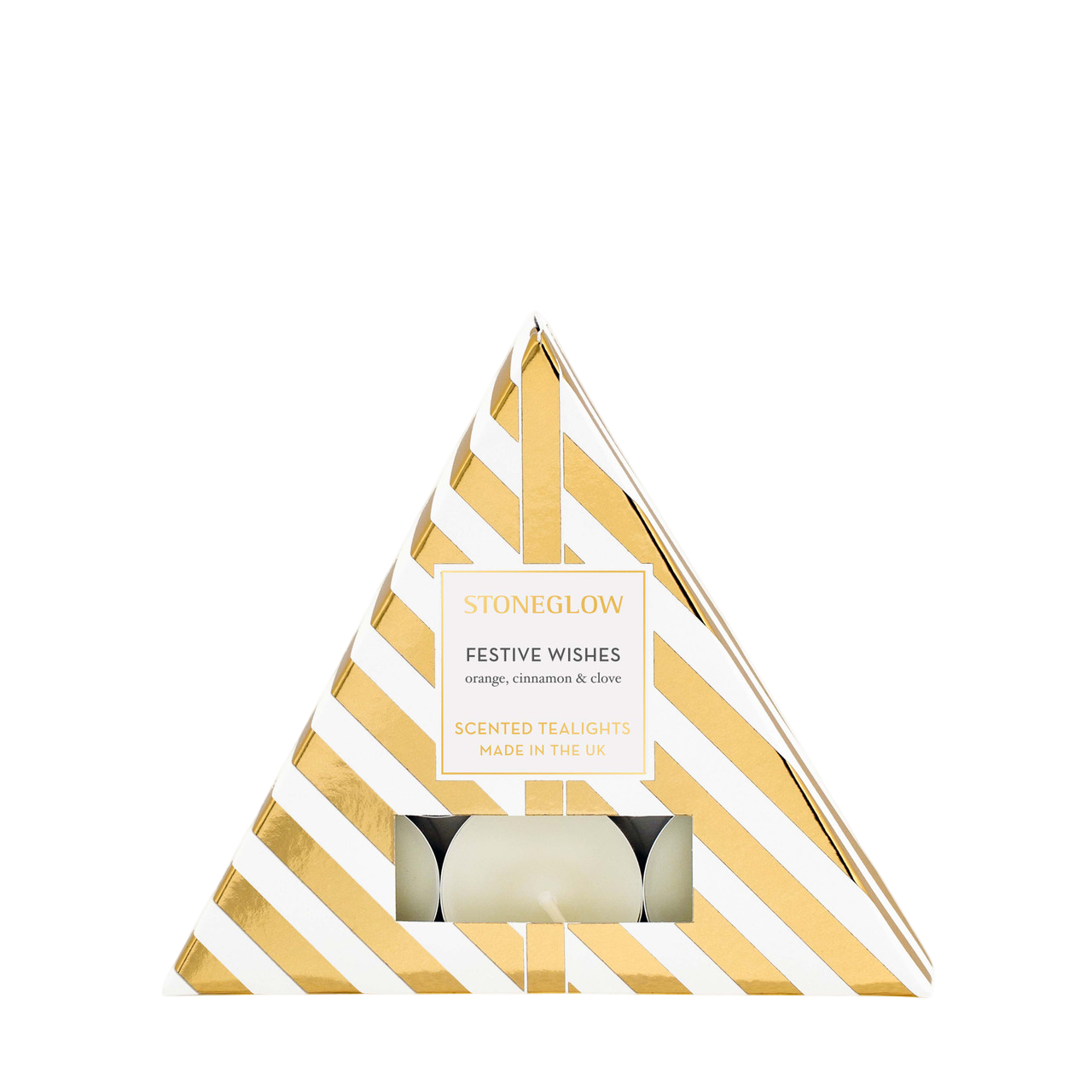 Triangular gift box with gold and white stripes containing a candle, branded 'Stoneglow'.