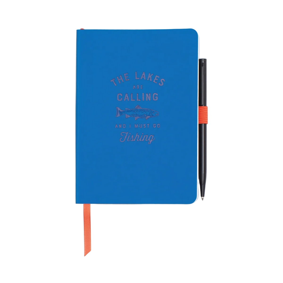 Blue notebook with text and a pen on a white background