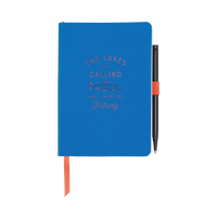 Blue notebook with text and a pen on a white background