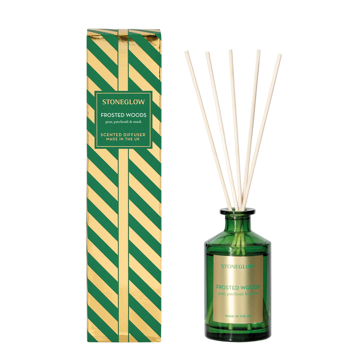 Green diffuser bottle with reeds and striped packaging on a white background