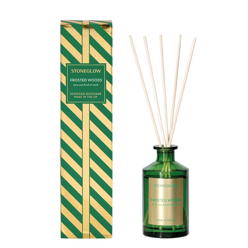 Green diffuser bottle with reeds and striped packaging on a white background