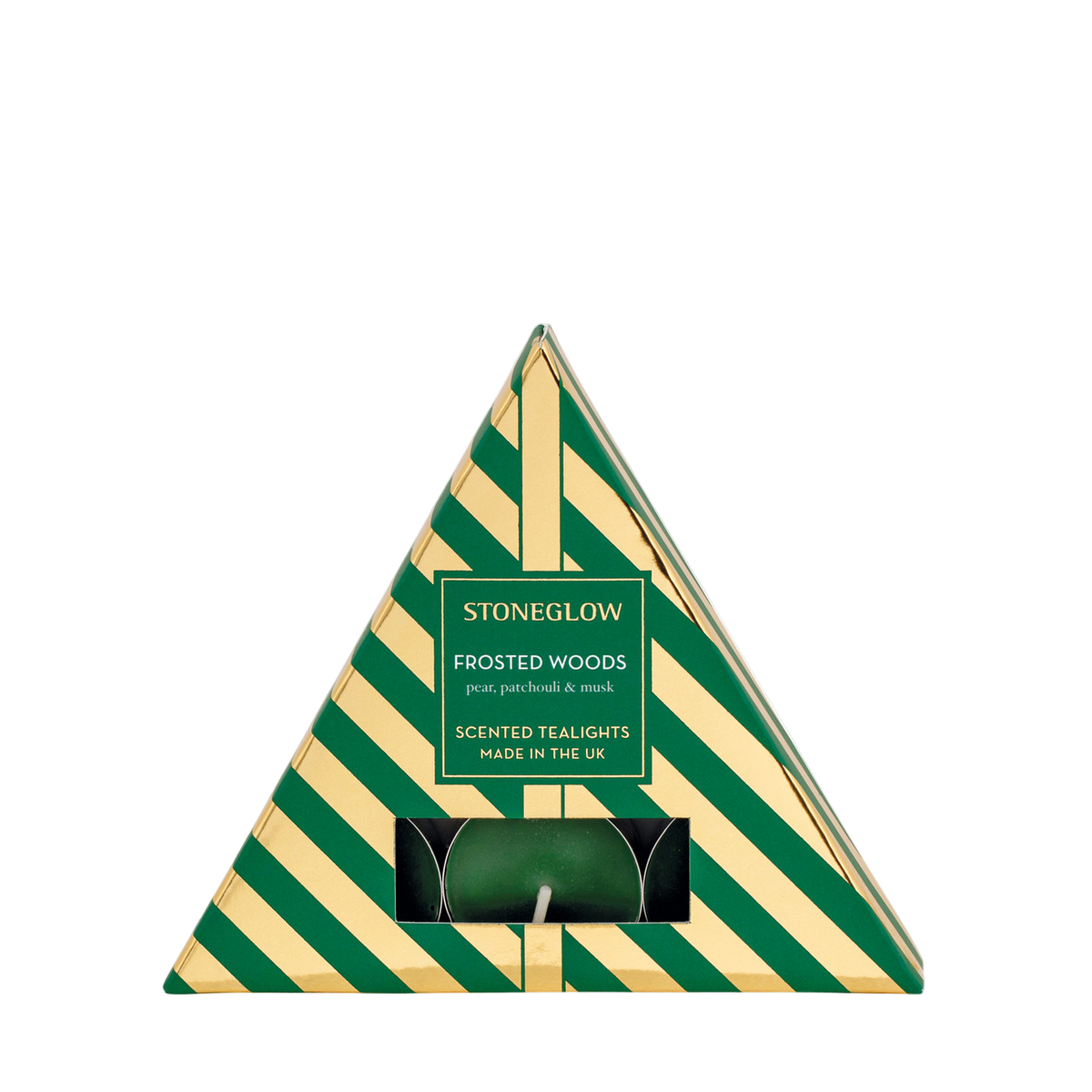 Triangular packaging of Stoneglow Frosted Woods scented tealights with green and gold stripes.