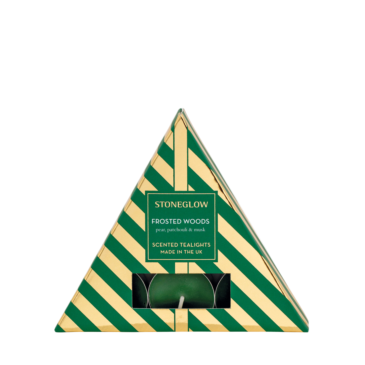 Triangular packaging of Stoneglow Frosted Woods scented tealights with green and gold stripes.