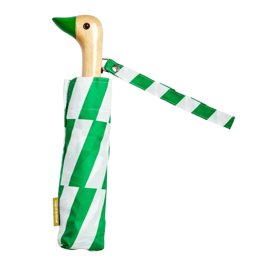 Green and white striped umbrella with wooden handle on a white background