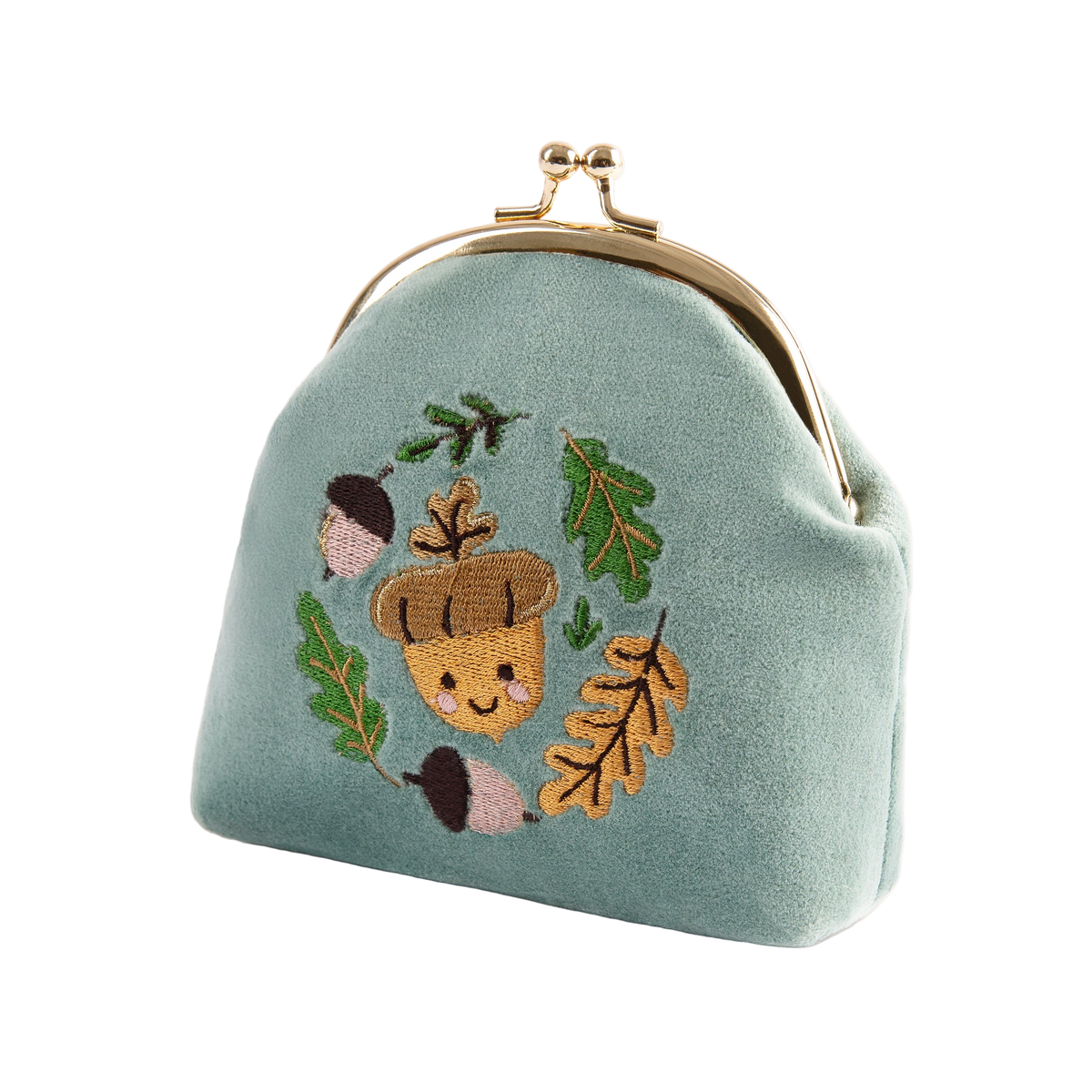 Small light blue pouch with embroidered acorn and leaf design on a white background