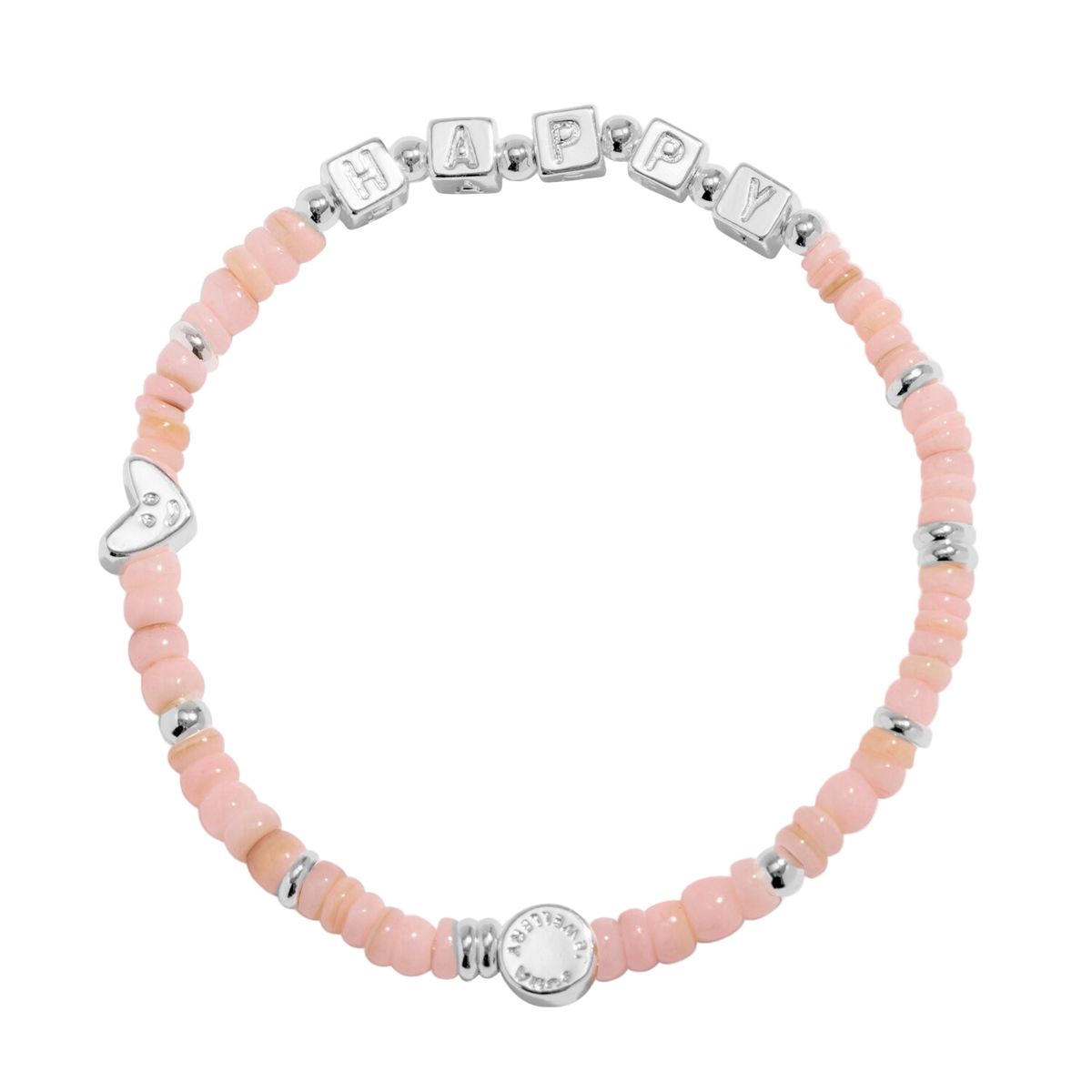 Bracelet with pink beads and silver charms on a white background