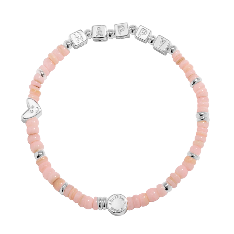 Bracelet with pink beads and silver charms on a white background
