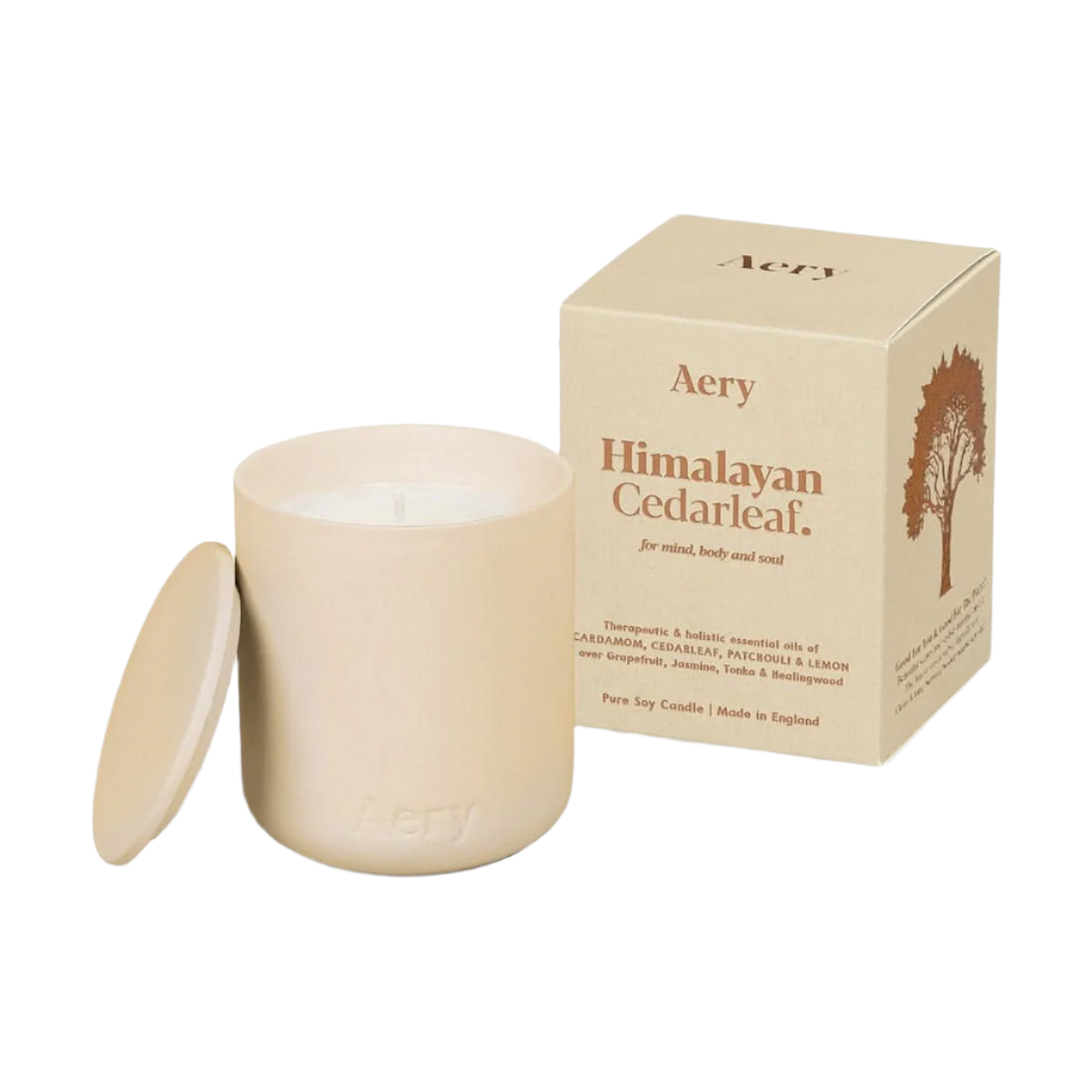 Aery Himalayan Cedarleaf candle and packaging on a white background