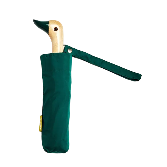 Green umbrella with duck-shaped handle on a white background