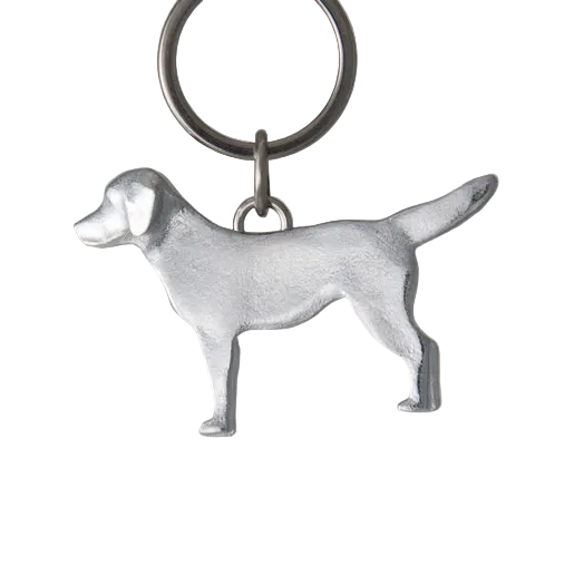 Dog-shaped keychain on a gray background
