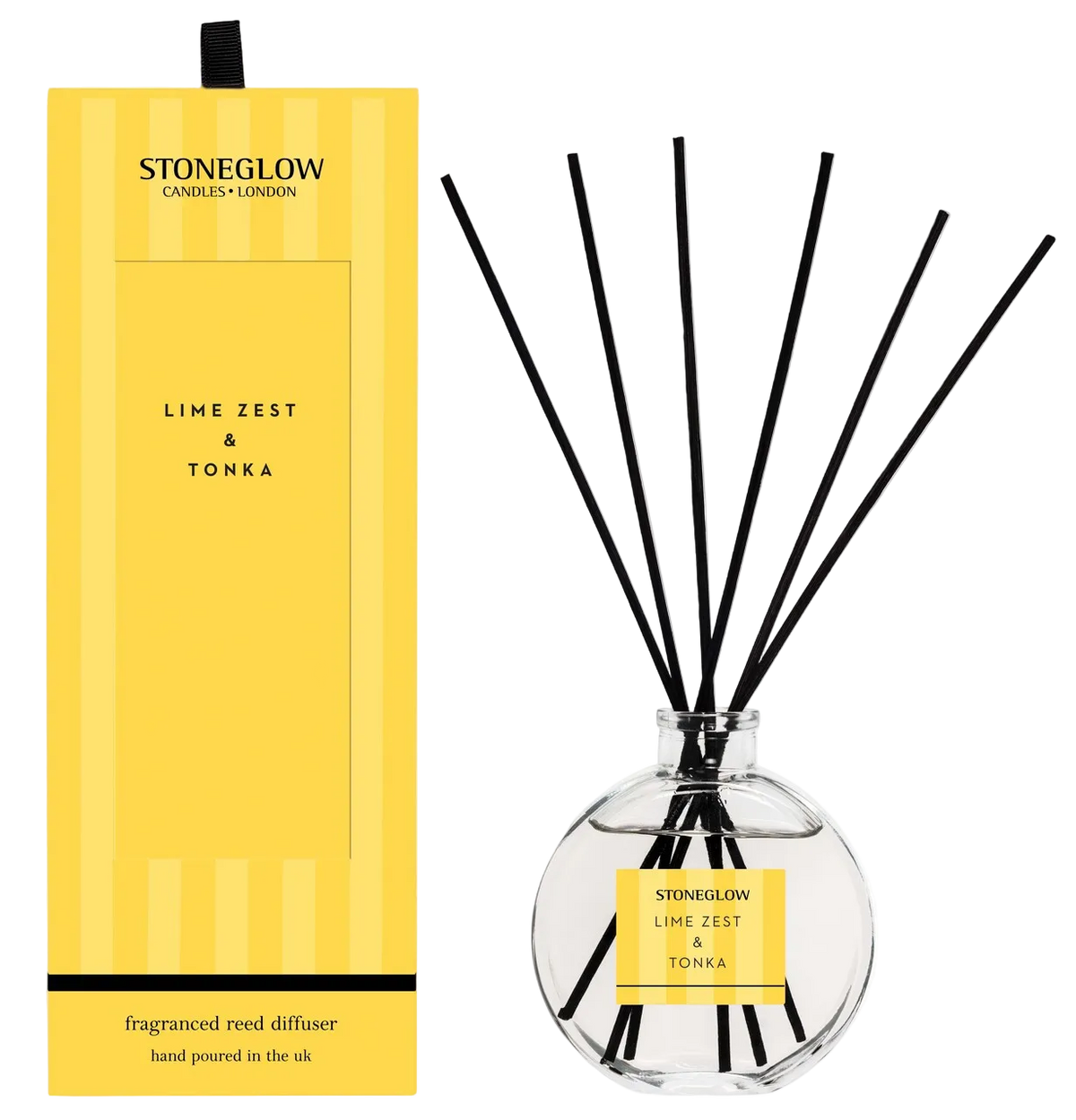 Stoneglow Lime Zest & Tonka diffuser with packaging on a white background