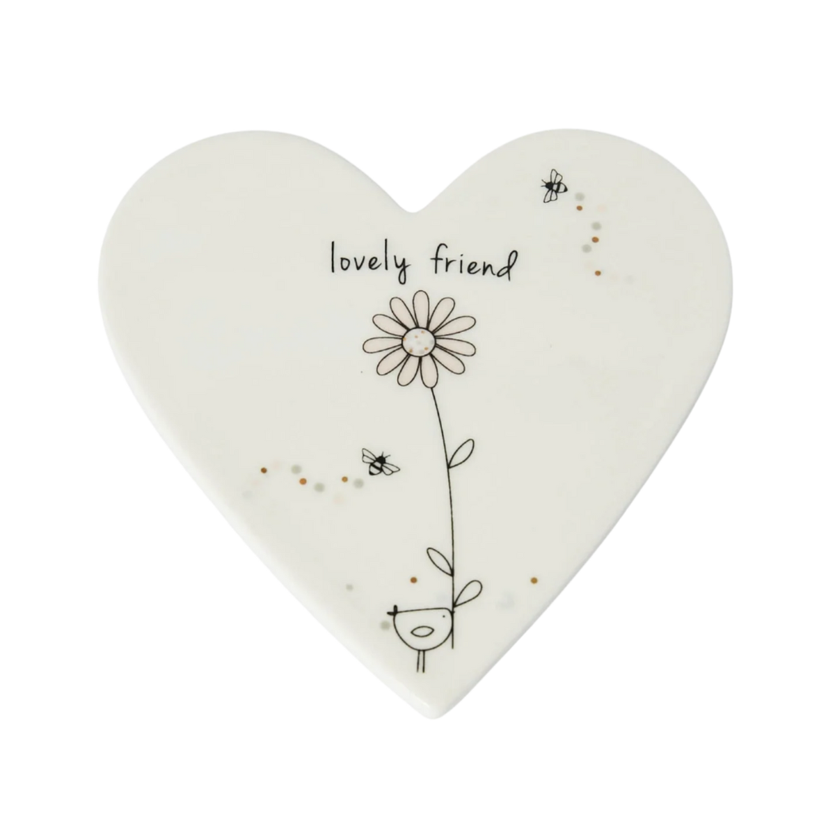 Heart-shaped ceramic plate with floral design and 'lovely friend' text on a white background