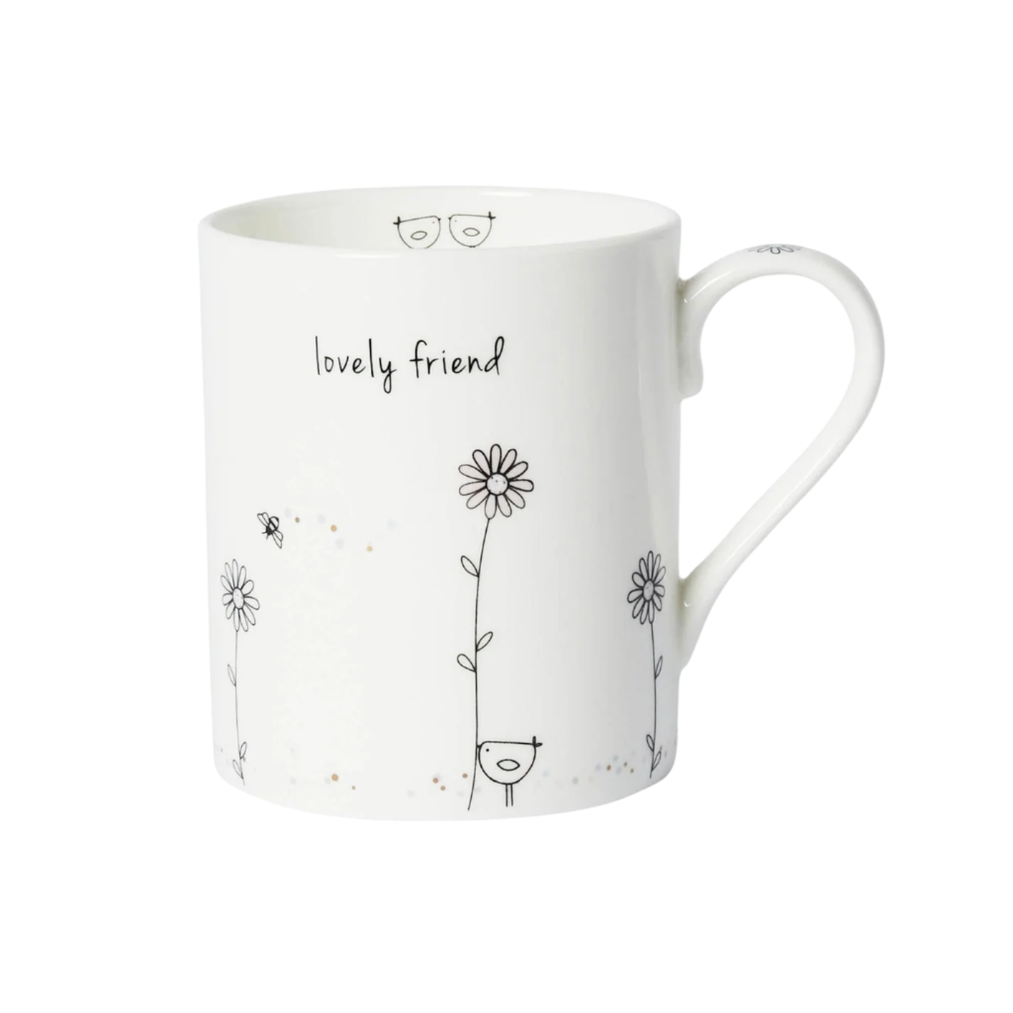 White mug with black floral designs and 'lovely friend' text on a white background