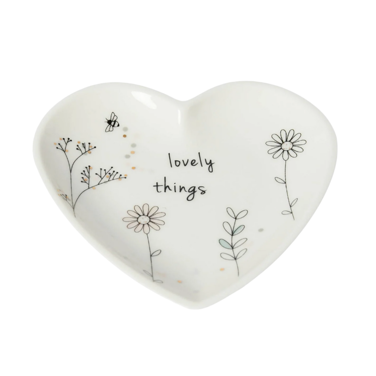 Heart-shaped ceramic plate with floral designs and the text 'lovely things' on a white background