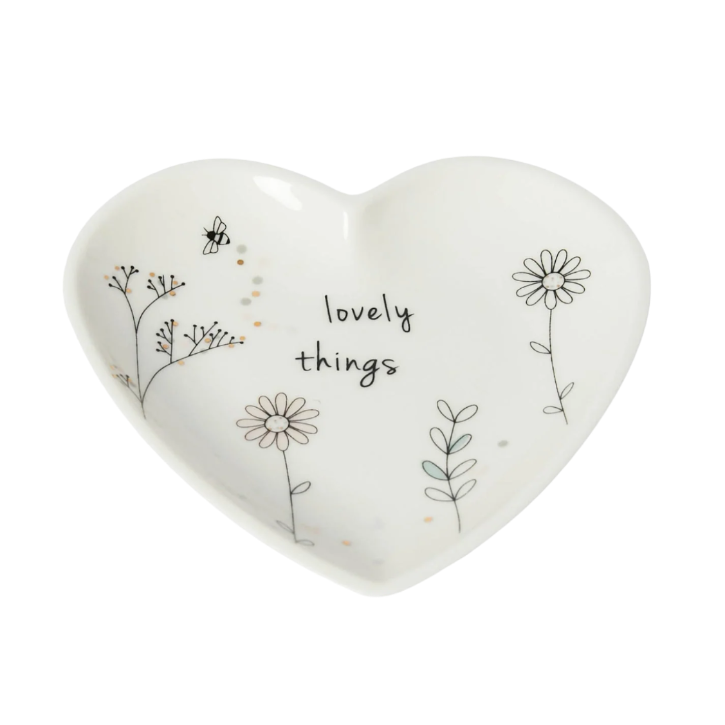 Heart-shaped ceramic plate with floral designs and the text 'lovely things' on a white background