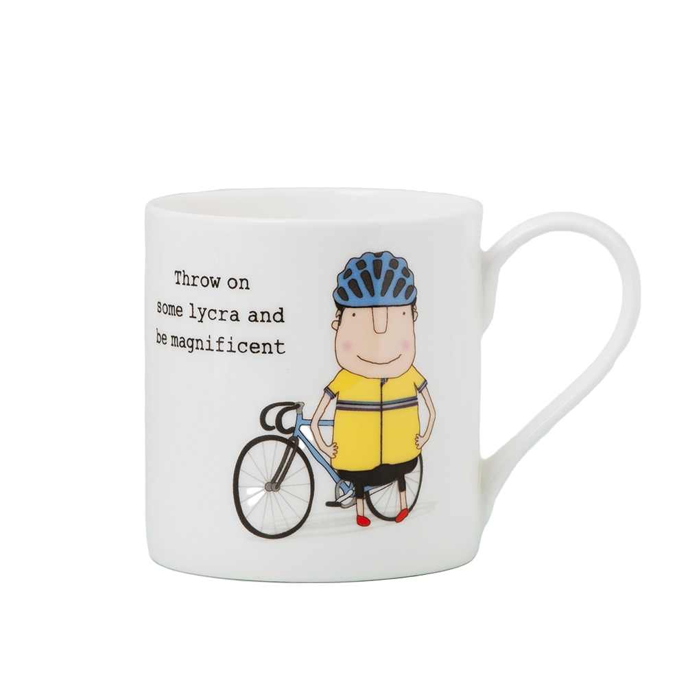 Mug with a cyclist illustration and text on a light gray background
