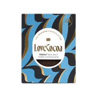 A bar of Love Cocoa Maldon Sea Salt Dark Chocolate with packaging featuring a blue and gold design, indicating the flavor and brand.