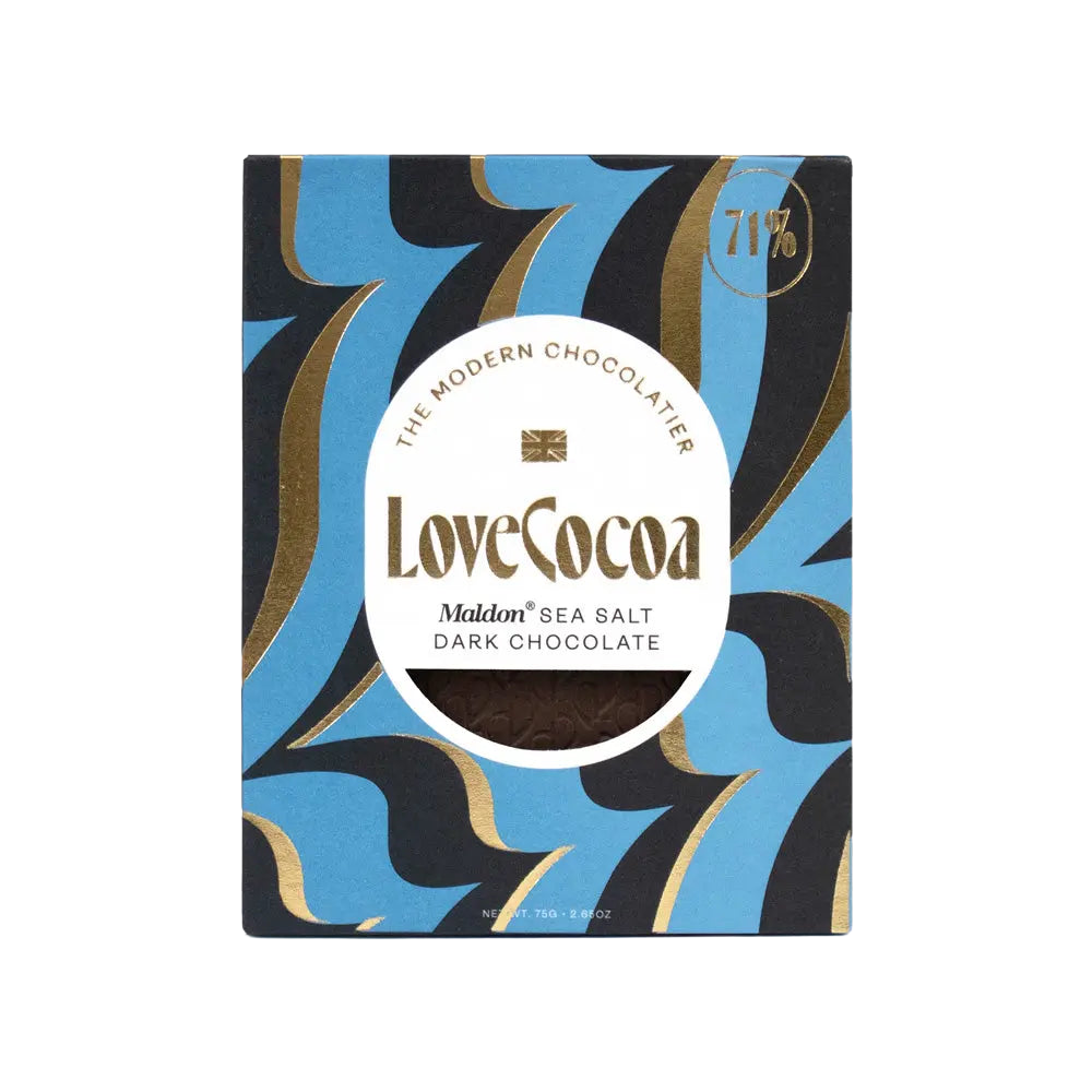 A bar of Love Cocoa Maldon Sea Salt Dark Chocolate with packaging featuring a blue and gold design, indicating the flavor and brand.
