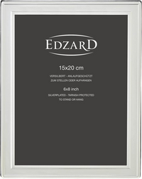 Silver picture frame with 'Edzard' branding and dimensions on a black background