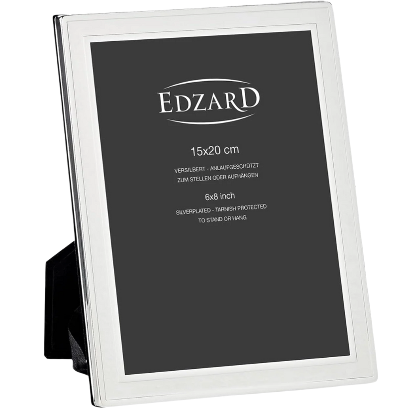 Silver photo frame with 'Edzard' branding on a white background