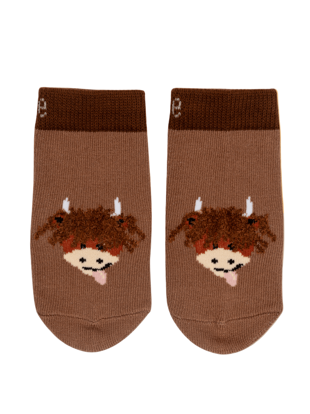 Pair of brown childrens socks with a Highland Cow character.