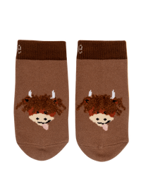 Pair of brown childrens socks with a Highland Cow character.