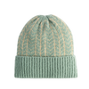 Green knit beanie with white stripes on a white background