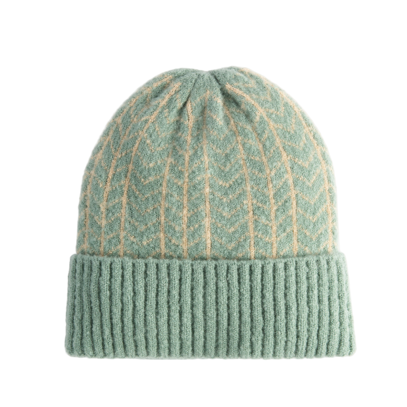 Green knit beanie with white stripes on a white background