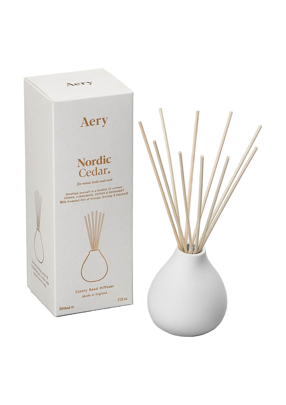 Aery Nordic Cedar diffuser with packaging on a white background