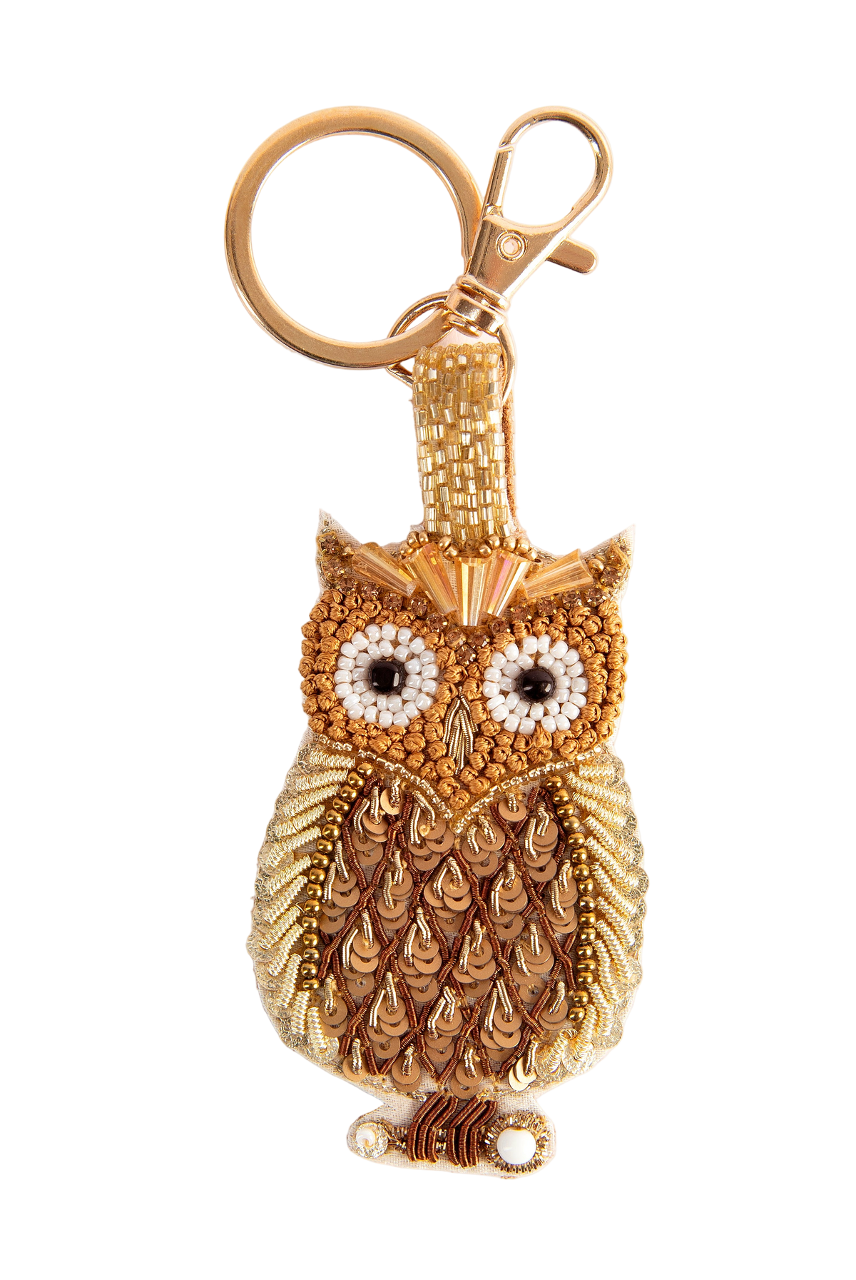 Gold owl-shaped keychain with beaded details on a white background