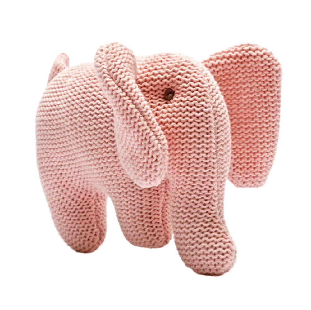 Knitted pink elephant toy on a white background