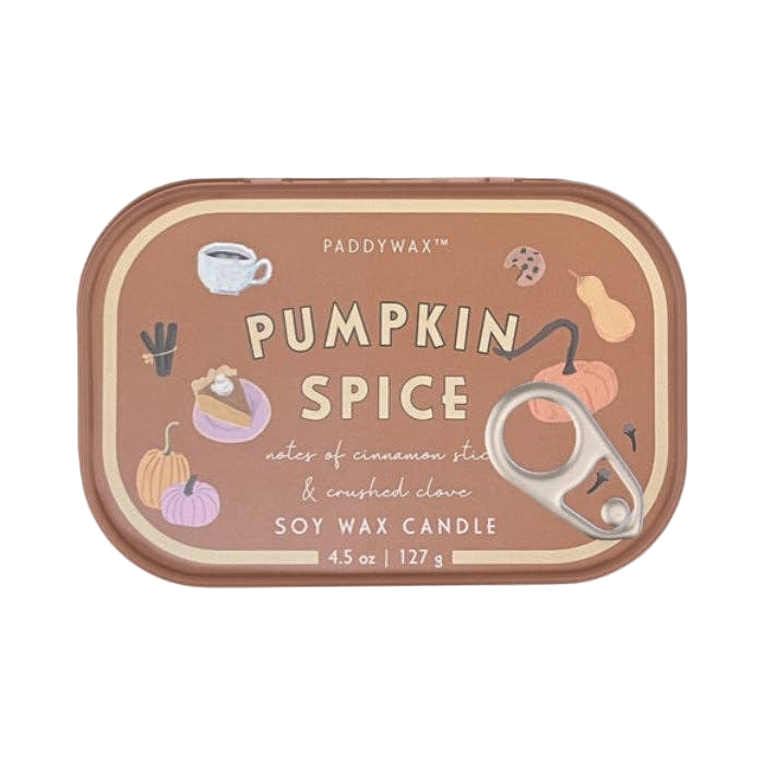 Paddywax Pumpkin Spice candle tin with illustrations on a white background
