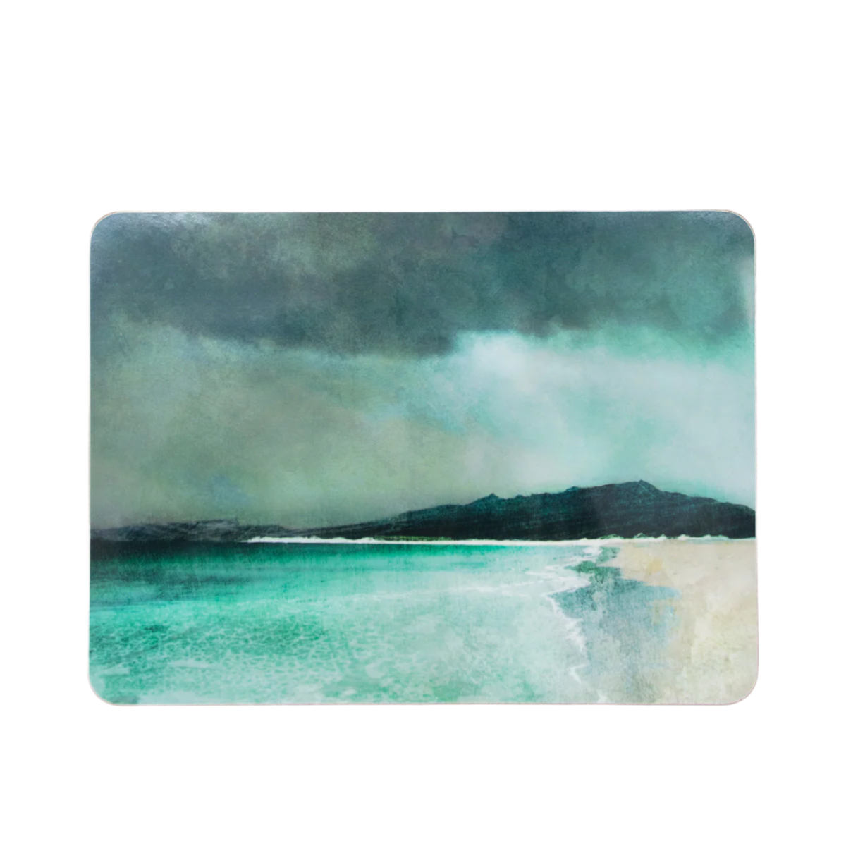 Placemat with a scenic design of water and mountains on a white background