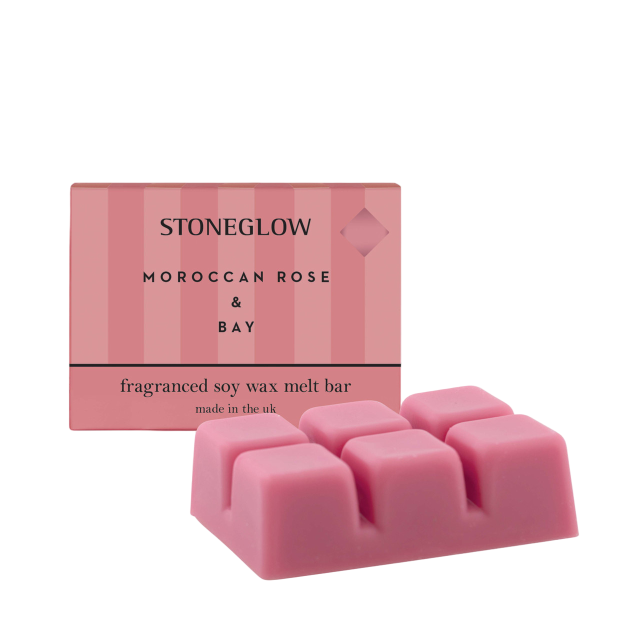 Pink stoneglow Moroccan Rose & Bay scented wax melt bar with packaging on a white background