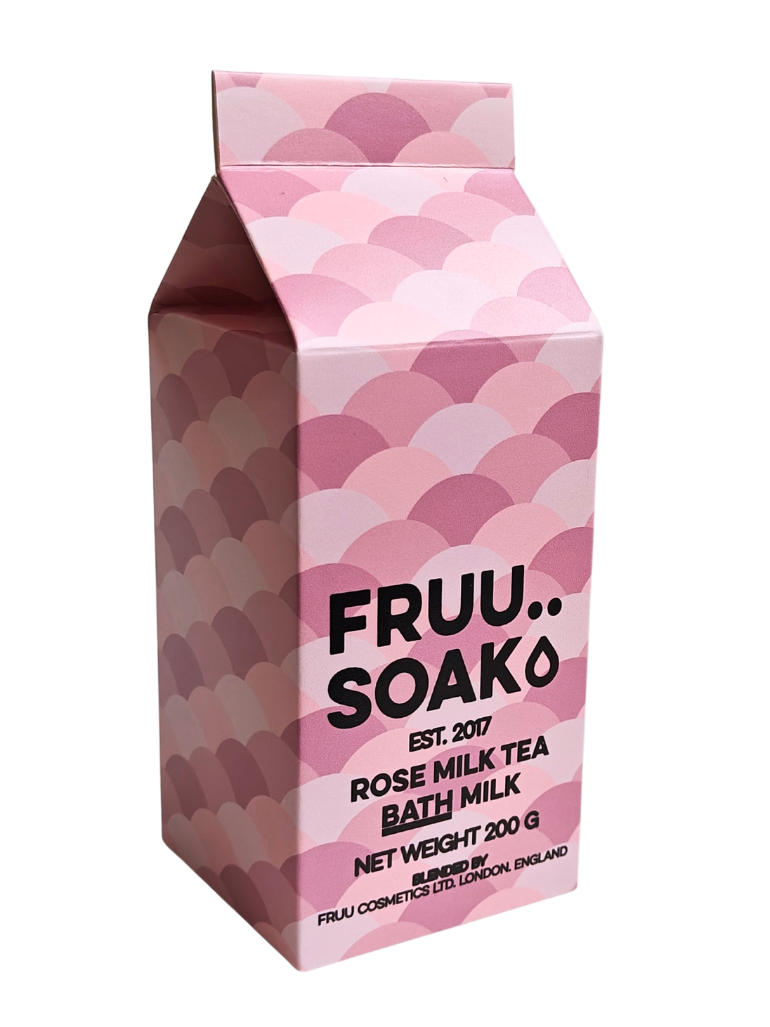 Pink and brown carton of Fruu Soak rose milk tea bath milk on a white background