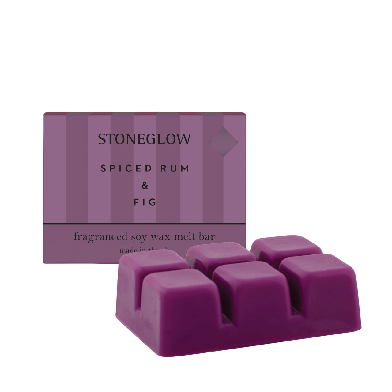 Purple wax melt bar with packaging labeled 'Stoneglow Spiced Rum & Fig' on a white background